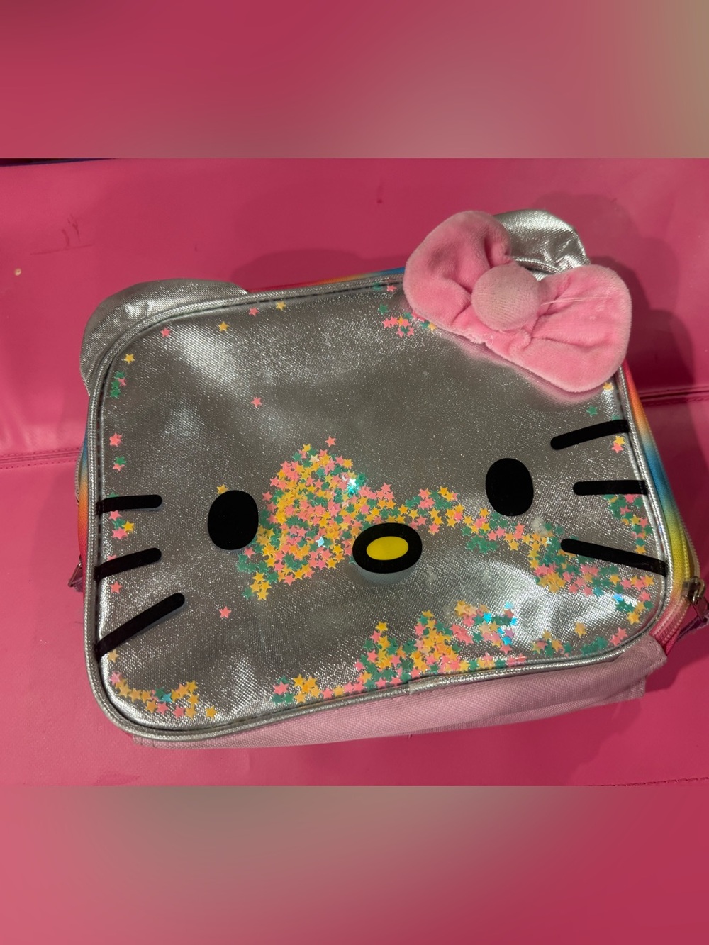 Hello Kitty Silver Sequin lunchbox with Pink Bow Accent